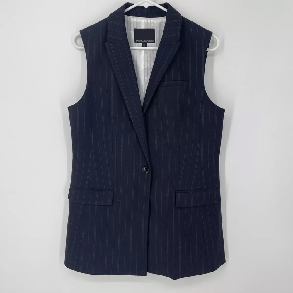 BANANA REPUBLIC Women’s Blazer Vest Navy Blue White Striped Sleeveless Size 10